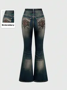 Women's High Waist Vintage Wash Slim Denim Flare Pants, Elastic Hip Lifting, Wide Leg Back Pockets, All-Season Fashion Jeans Streetwear, Womenswear