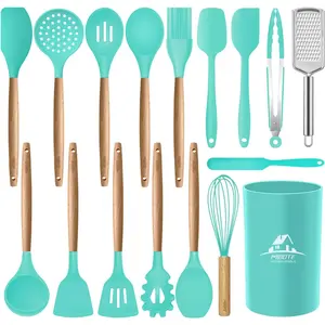 17 Pcs Silicone Cooking Kitchen Utensils Set with Holder, Wooden Handles Cooking Tool BPA Free Turner Tongs Spatula Spoon Kitchen Gadgets Set for Nonstick Cookware (Teal)