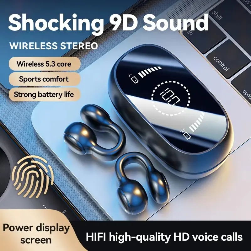 Ear Clip Wireless Earbuds, Sports Long Battery Life, BT 5.3, Large Screen, LED Digital Display, TWS Headset, Outdoor Hiking, Best Gift, Wireless Earhooks Headset