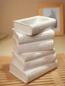 Ivory Ceramic Stacked Books Vase 6.5" x 7.87 Handcrafted Accent for Book Lovers & Vintage Inspired Spaces