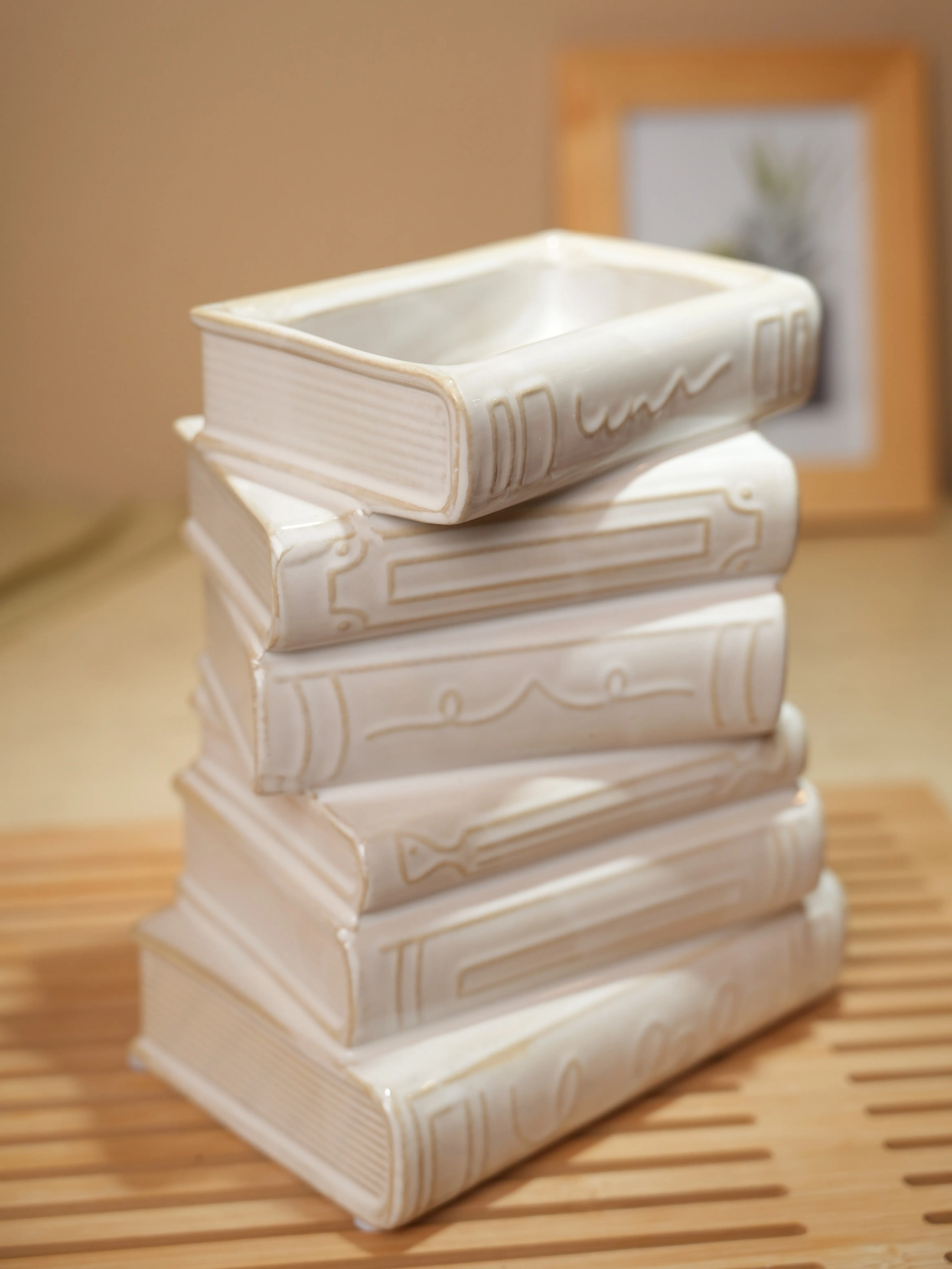 Ivory Ceramic Stacked Books Vase 6.5" x 7.87 Handcrafted Accent for Book Lovers & Vintage Inspired Spaces