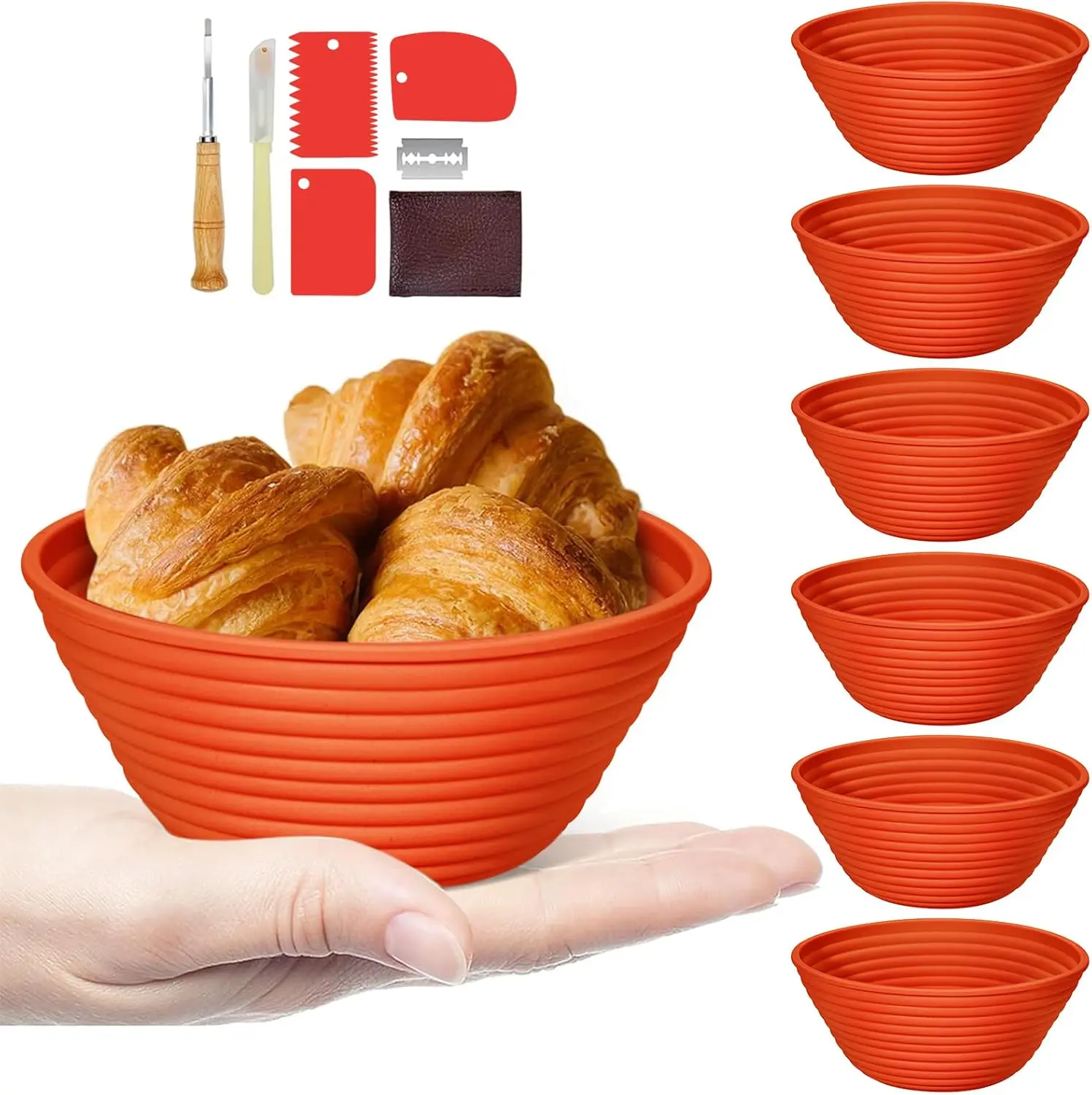 Banneton, Sourdough Bread Baskets (Set of 6, 5 Inch), Round Proofing Bread Bowls with Starter Kit, Bread Making Baking Supplies