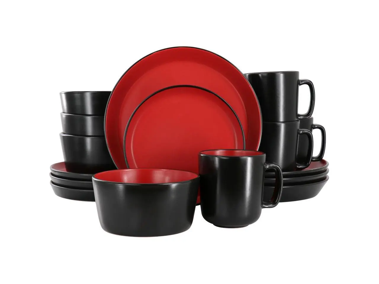 Elama Bacarra 16 Piece Stoneware Dinnerware Set in Two Tone Black and Red Elama Bacarra 16 Piece Stoneware Dinnerware Set in Two Tone Black and Red