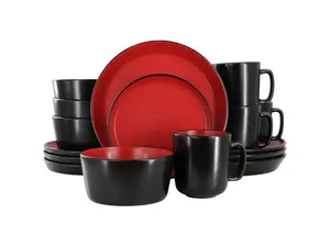 Elama Bacarra 16 Piece Stoneware Dinnerware Set in Two Tone Black and Red Elama Bacarra 16 Piece Stoneware Dinnerware Set in Two Tone Black and Red