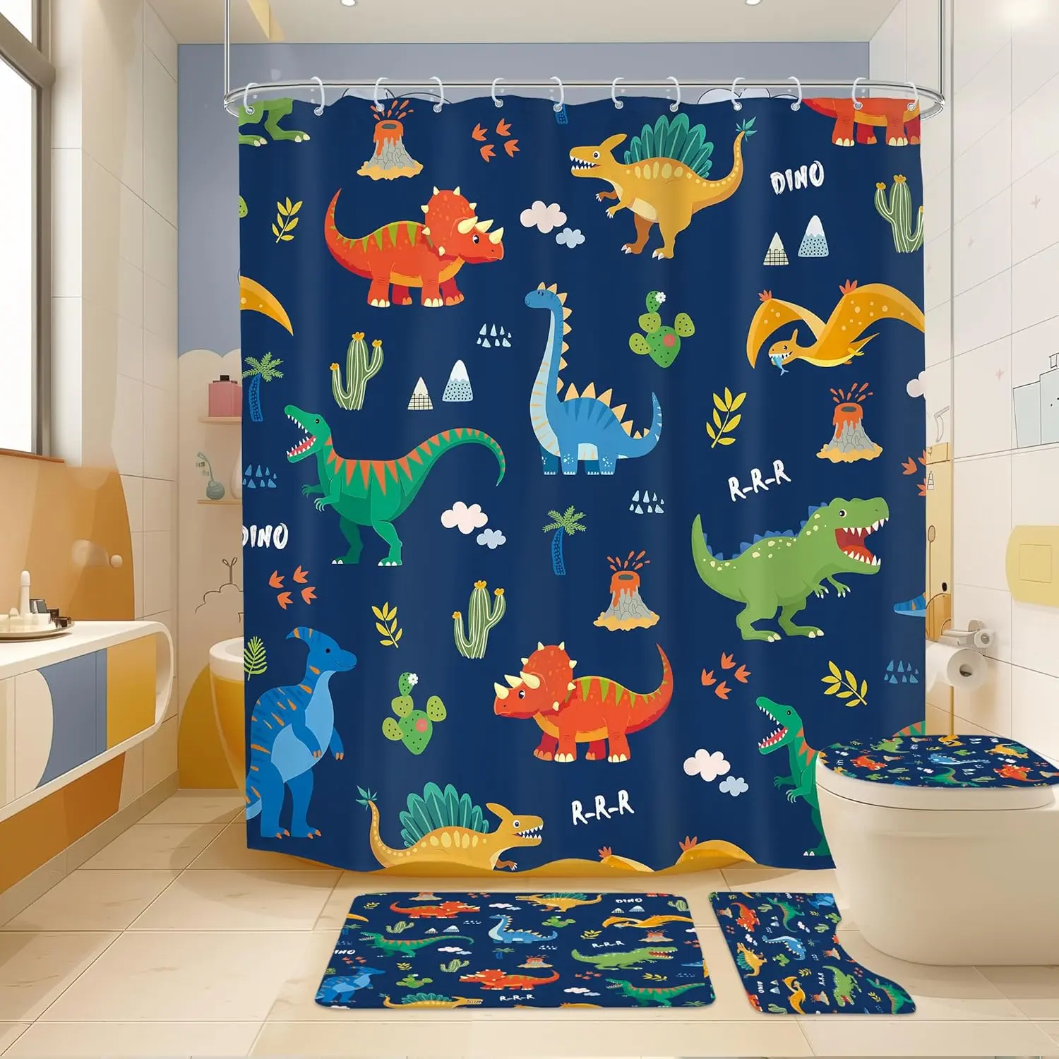 Kids Dinosaur Shower Curtain Set (4 PCS), Boys' Bathroom Decor Kit with Non-Slip Bath Rug, Toilet Lid Cover, U-Shape Mat & 12 Hooks, 72Wx72H Cartoon Dino Design, Anavy Home Bathroom Accessory, A Anavy