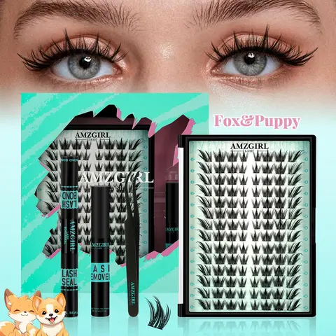 AMZGIRL 0.07mm Synthetic Fiber Fox-Puppy Manga Fairy Lash Cluster Kit, 112 Pcs Adults' Natural Curl Eyelash Extensions with Bond, Seal, Tweezer, Remover, Waterproof, Fluffy, Lightweight Beginner-Friendly DIY Accessories Kit False Eyelashes & Adhesives