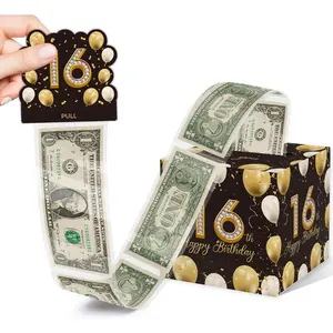16th Birthday Surprise Gift Box, 16th Birthday Gifts For Girls And Boys, Happy Birthday Money Gift Boxes With Pull Out, Black Gold Decor For 16th Birthday Party