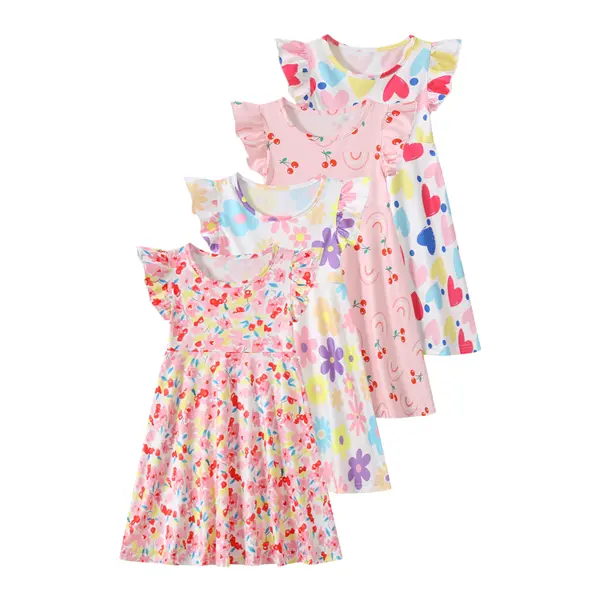 #SummerVibes 4-piece girls' casual fashion dress girls' summer print fashion Joker breathable dress children's small flying sleeves popular summer dress.