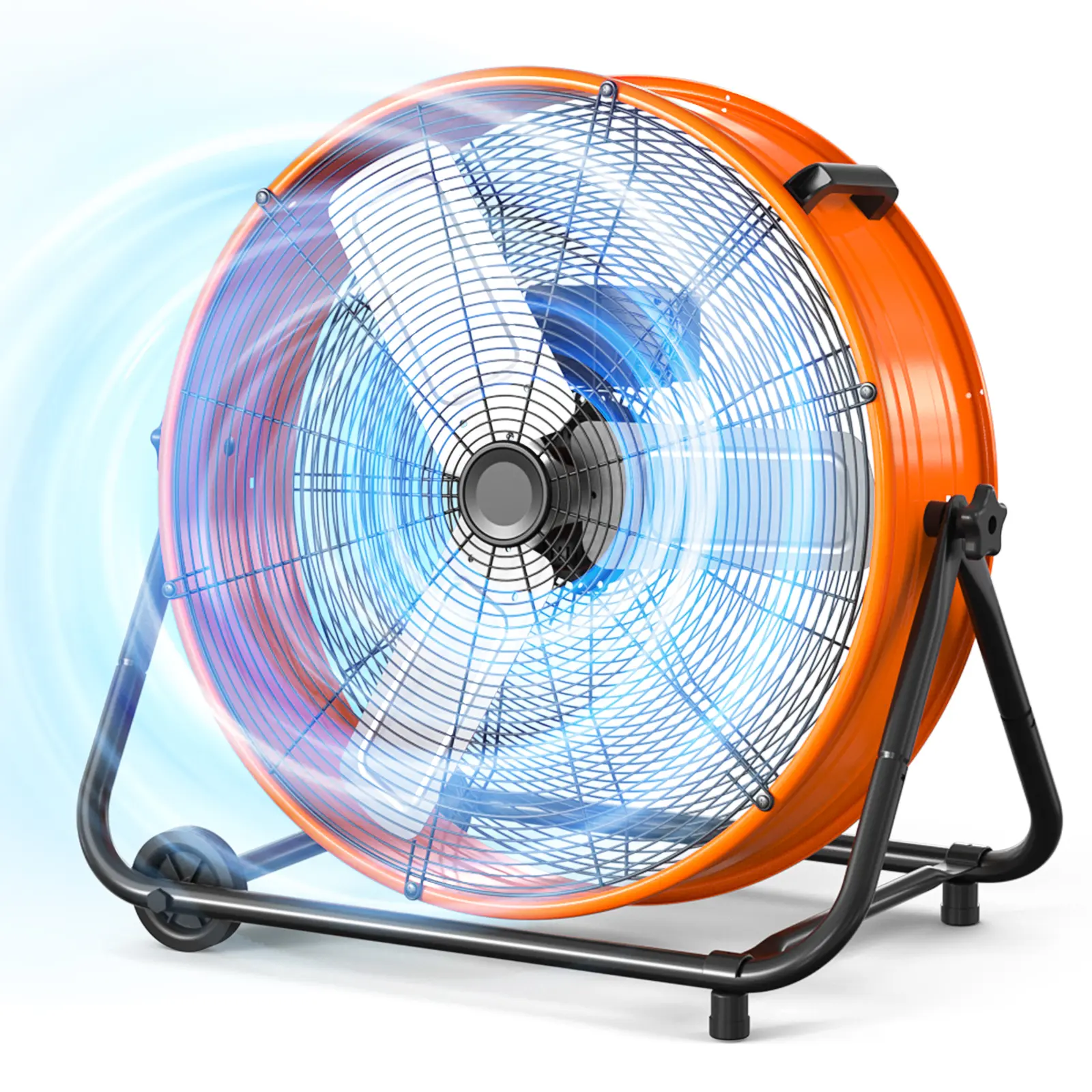 24-in Heavy-Duty Orange Industrial Drum Fan - 8900CFM 320W High-Velocity Floor Air Circulator, 3-Speed Aluminum Steel Build, 360° Tilt, Stable Casters, Handle, ETL Listed, Built for Garages, Shops, Outdoor Covered Patios (Drum-Shape Covers Wide Spaces)