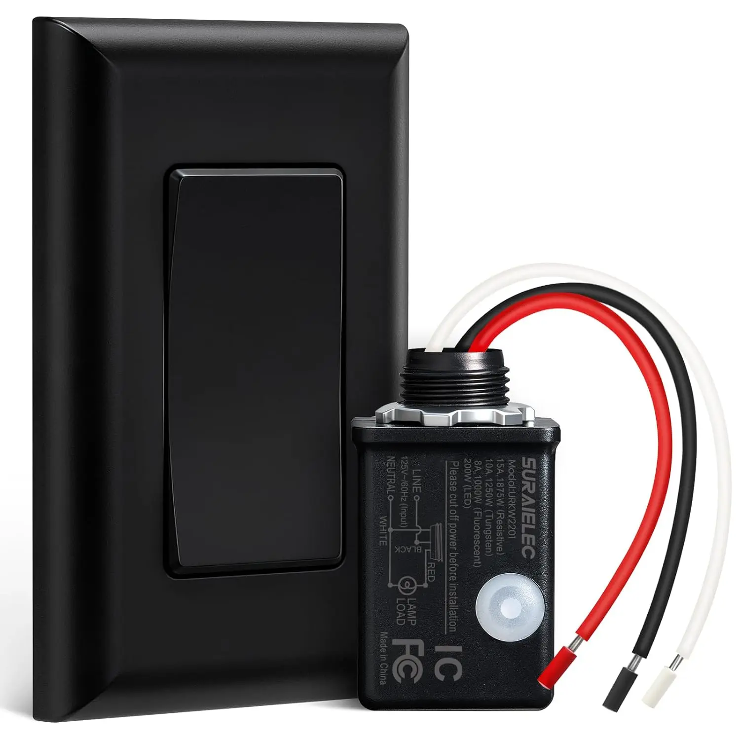 Suraielec | Wireless Light Switch and Receiver Kit, Black, 15A Remote Control | No Wiring Required, No Interference, 100 ft Range, Expandable Wall Switch for Lamp, Ceiling Light, Fan & Outdoor Lighting