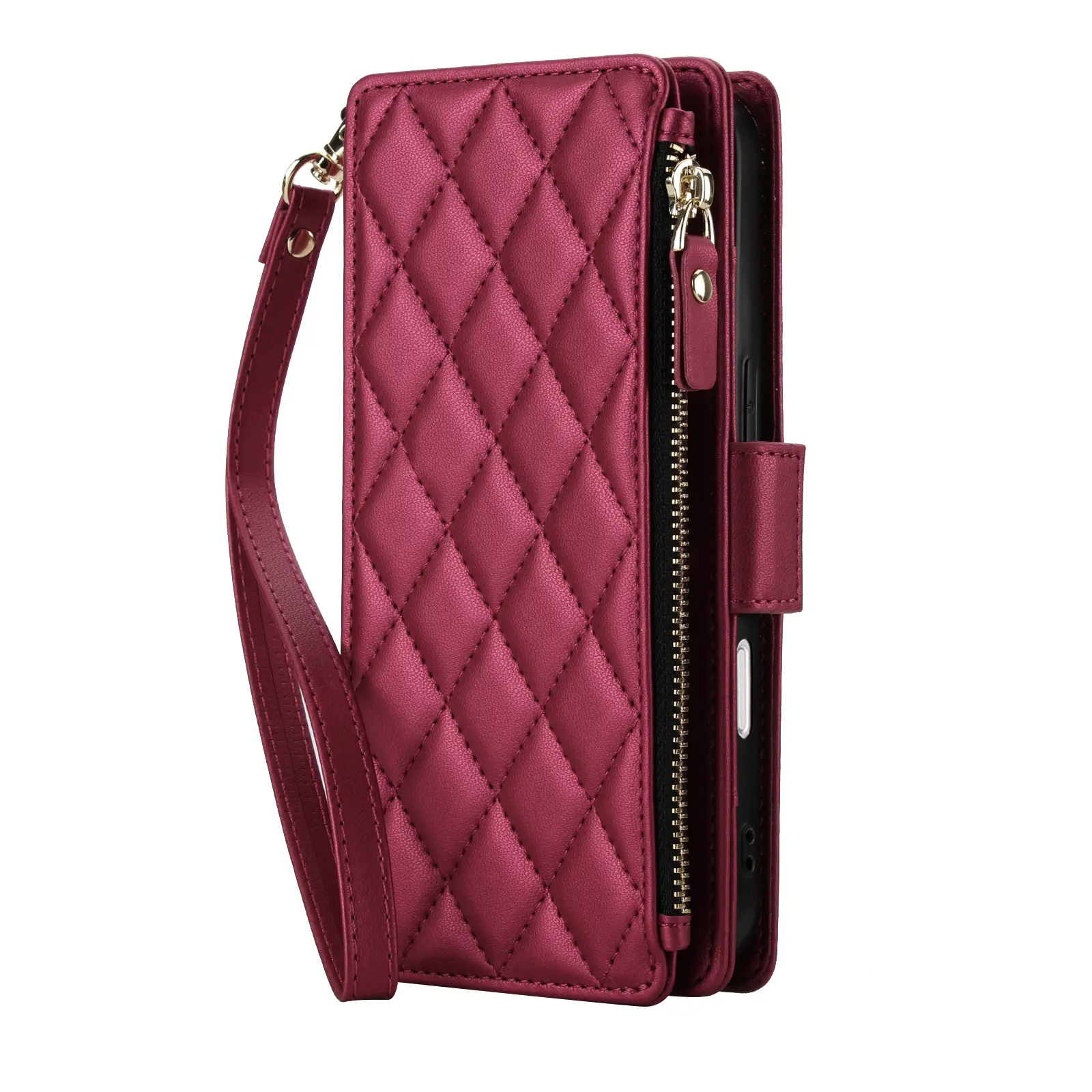 Trendy Quilted RFID Blocking Wallet Phone Case for iPhone 14/15/16/17,Women Luxury Crossbody Purse Case,Detachable Shoulder & Wrist Strap,9 Card Slots Zipper Cash Pocket,Multi-Angle Kickstand,Magnetic Flip Leather Folio Cover,For Daily Travel Dating