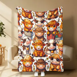 Highland Cow Flannel Blanket Cute Cartoon Cattle Print Soft Warm Cozy Lightweight Decorative Throw Perfect for Sofa Bedroom Office Picnic Camping Gift Suitable for all four seasons Suitable for giving as gifts to friends, parents and children tiktokshopsp
