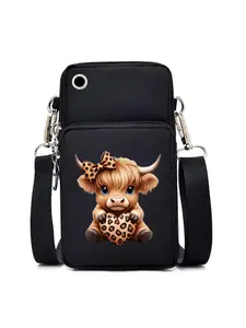 Cute Highland Cow with Polka Dot Bow and Leopard Print Heart Phone Bag for Women, Crossbody Shoulder Bag, Stylish Animal Pattern Crossbody Purse for Casual Outings, Everyday Use, Perfect Gift for Christmas, Valentine's Day, Presents for Animal Lovers