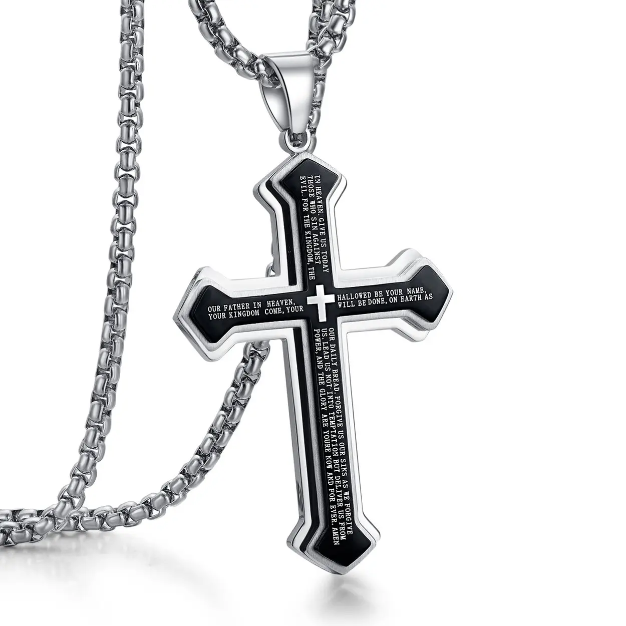 Rehohoboth Lord's Prayer Cross Pendant Necklace - Stainless Steel Nail Design, Large Pendant