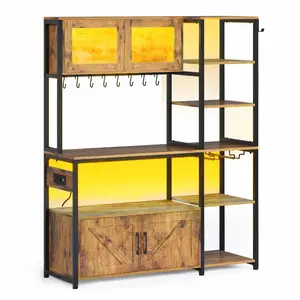 SIKAIC 45.3-Inch Farmhouse Coffee Bar Station, Indoor Engineered Wood Farmhouse Storage Cabinet with Power Outlet, RGB Lighting, Requires Assembly, Brown