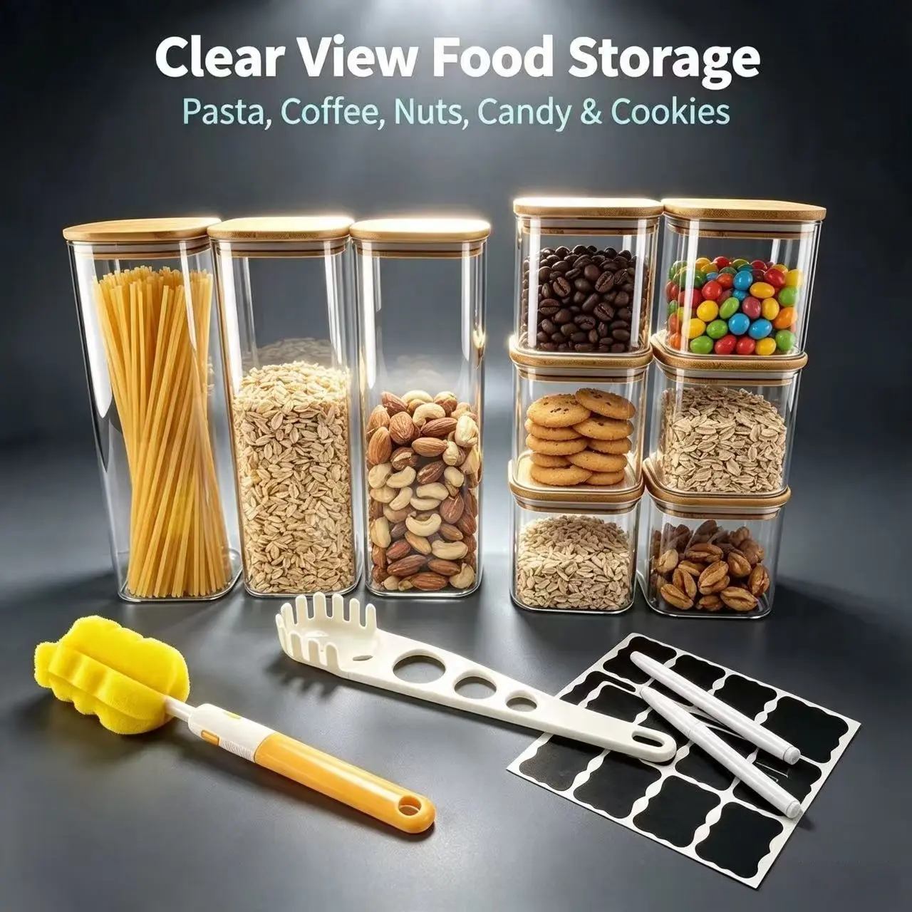9 PCS Glass Food Storage Jars Set, Airtight Canisters with Bamboo Lid, Clear Kitchen Container for Coffee, Nuts, Flour, Cereals