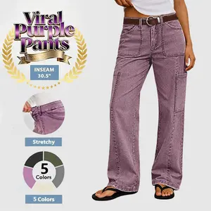 Flamingals Stitch Detail Mid Waist Straight Leg Cargo Pants Without Belt