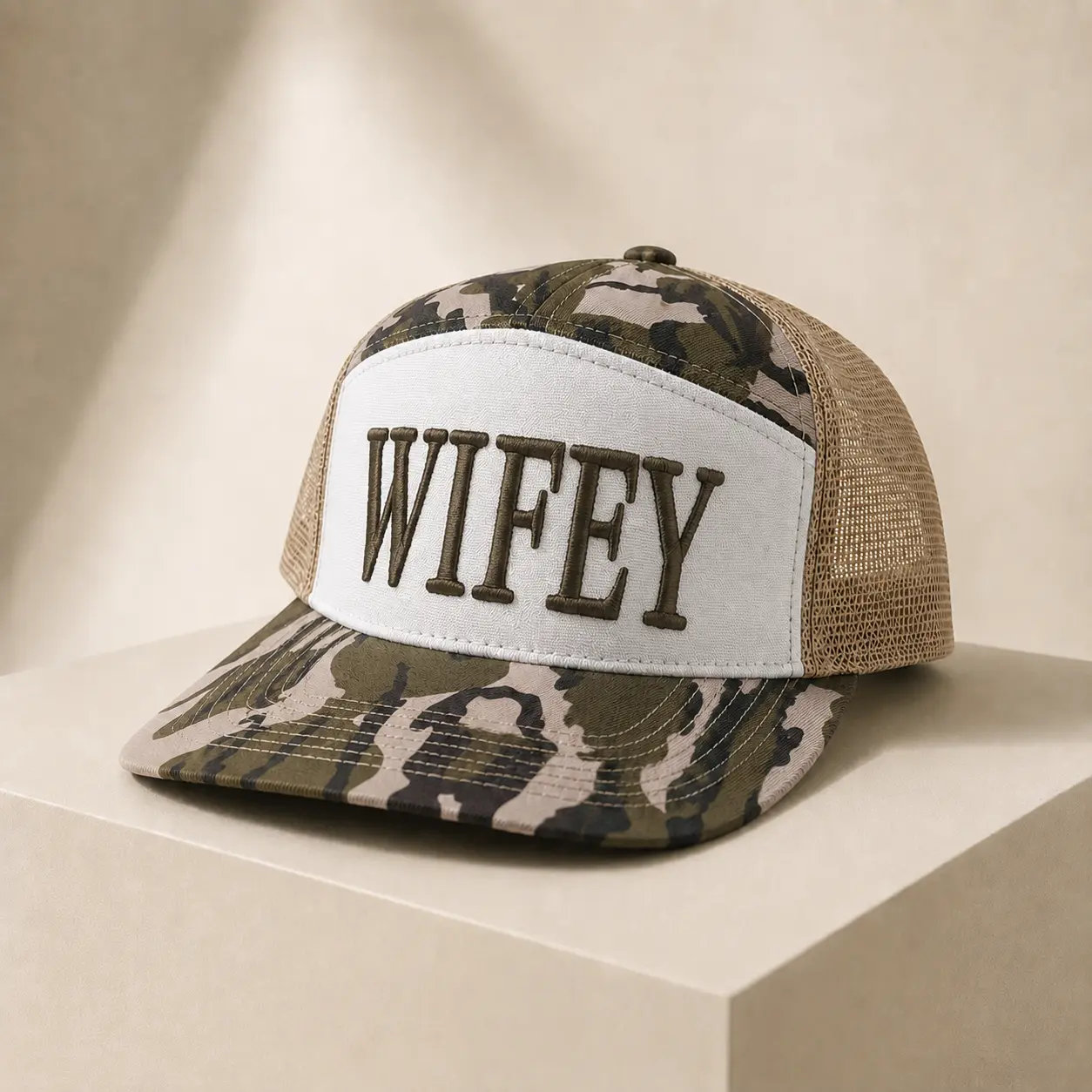 WIFEY Embroidered Trucker Hat | Vintage Camo Mesh Snapback Cap | Adjustable Outdoor Baseball Hat for Women