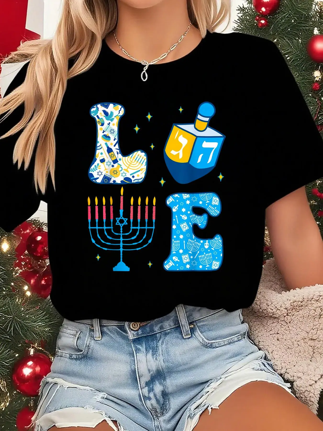 Women's 100% Cotton Hanukkah Dreidel Menorah Graphic T-Shirt - Round Neck, Short Sleeve, Lightweight, Breathable, Comfortable, Simple Unisex Streetwear Casual Designer Top