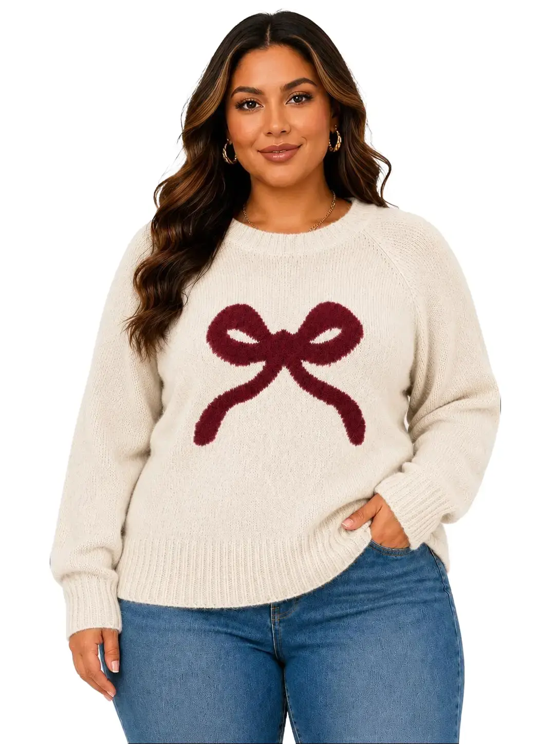 Women's Plus Size Long-Sleeve Baggy Knitting Crewneck Sweater - Lady's Casual Oversized Pullover with Fuzzy Red Bow for Daily & Festival Wear, Longsleeves, Loose, Round Neck, Tops