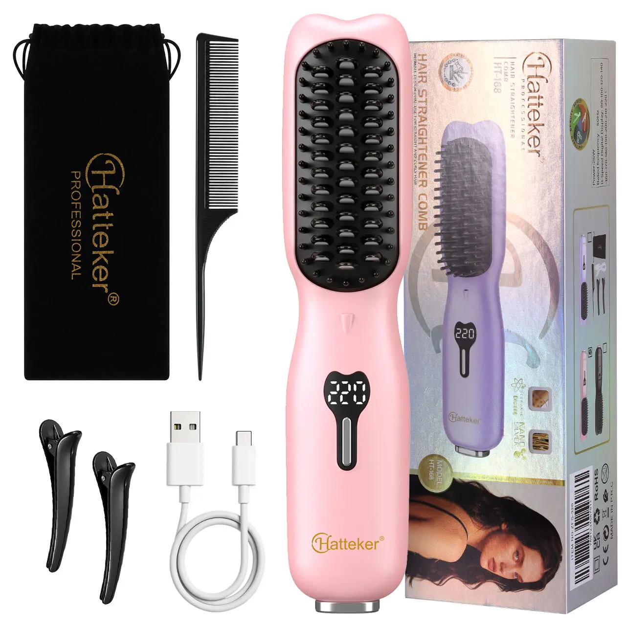 LCD Screen Cordless Hair Straightener and Curler 2 in 1, Rechargeable Portable Mini Travel Negative Ionic Hair Straightening Brush for Women, Fast Heating Hot Comb for Women