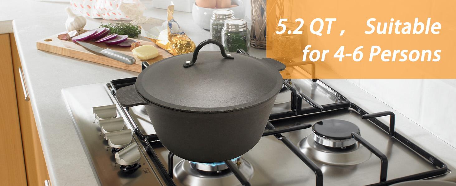5.2QT Cast Iron Dutch Oven with Lid, Oven Safe up to 500°F, for Bread Baking, Braising, Stewing, and Roasting, Cookware Kitchen