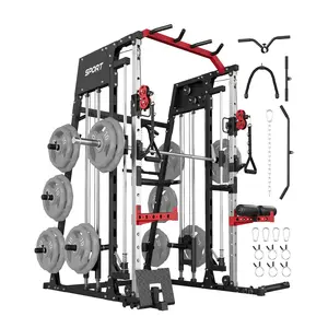 Smith Machine Home Gym, 2200LBS All in One Squat Rack Power Cage with Smith Bar, Dual Pulley System, LAT Pull-Down, Cable Station, Black/Red