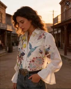 Vintage Floral Embroidered Shirt – Boho Western Style Lightweight Chic Top