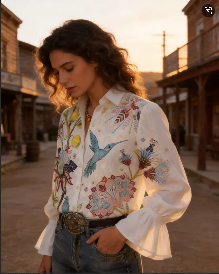 Vintage Floral Embroidered Shirt – Boho Western Style Lightweight Chic Top