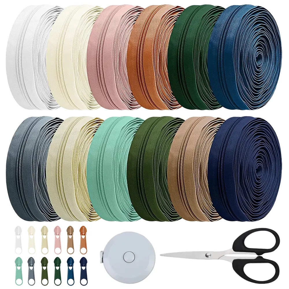 12 Colors Morandi Nylon Coil Zipper Tape Set, 36 Yards #5 Zipper Roll with 120 Alloy Sliders, Bonus Scissors & Tape Measure, DIY Sewing Supplies for Bag Crafting, Clothing Repair