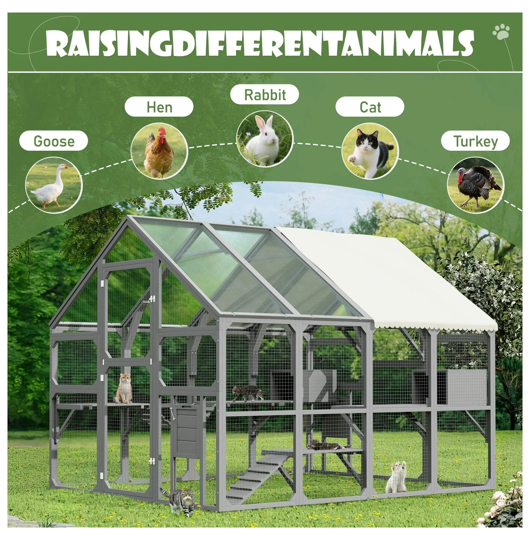 Large Catio Outdoor Cat Enclosure - Wooden Cat House with Platforms & Resting Boxes, Walk-in Kitty Cage Kennel for Multiple Cats, 96x74x74 Inches Gray