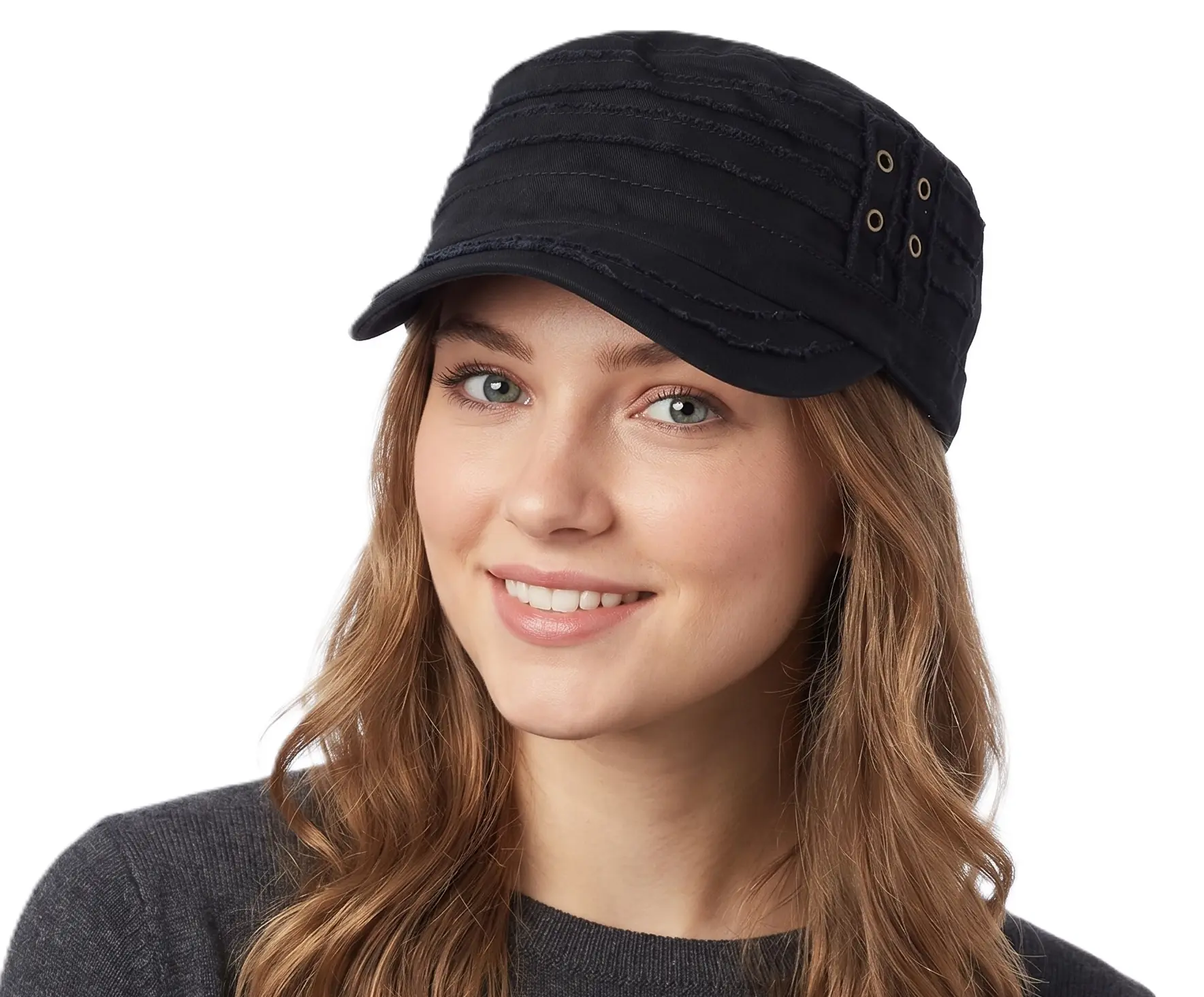 Unisex Cotton Distressed Layered Frayed Cadet Military Cap - Snapback Black Caps for Sports Outdoor Hats - 100% Cotton, Precurved Bill, 57cm Circumference, UV Protection