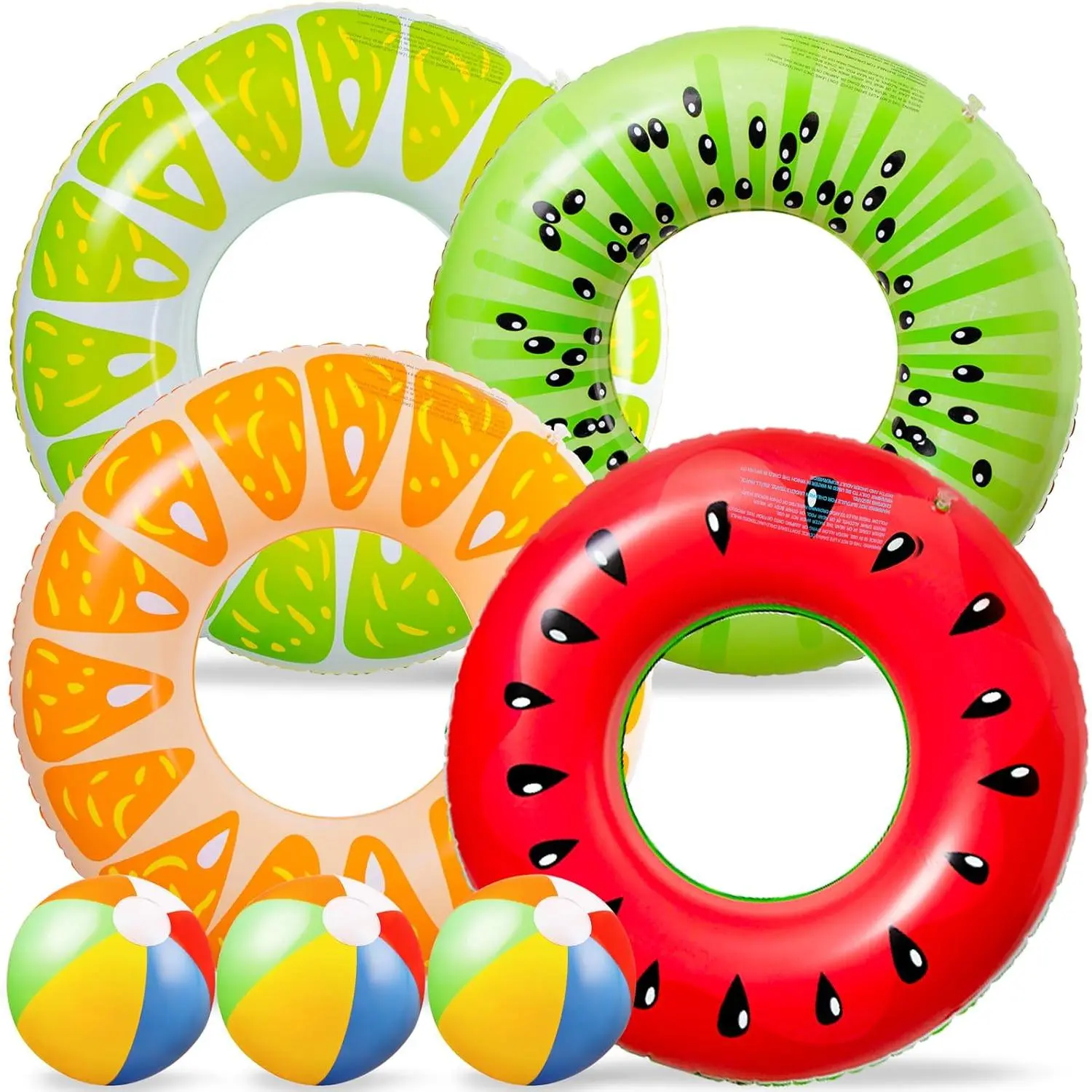 Unisex 7-Piece Inflatable Pool Floaters Set for Kids & Adults, Large Fruit Rings, Donut Rings, 13.5-Inch Beach Balls for Pool Party Water Sports