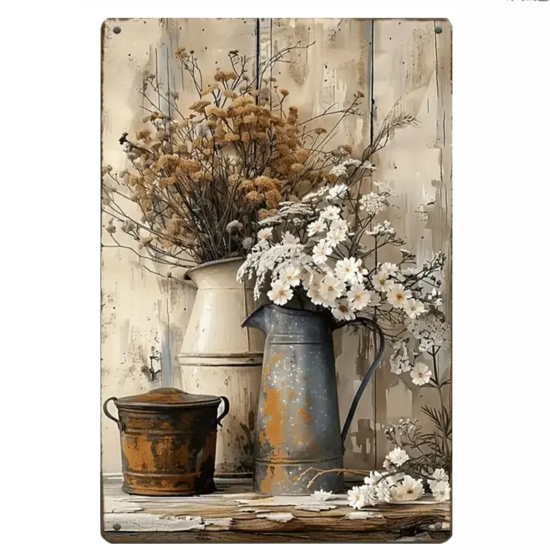 Vintage Dried Wildflower Metal Tin Sign Wall Decor - Neutral Rustic Farmhouse Floral Metal Sign, Shabby Chic Wall Art for Home, Kitchen, Bedroom 12*18inch