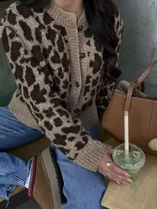 Women's Vintage Leopard Knit Cardigan Sweater Coat, Fall Winter New Melange Casual Long Sleeve Pullover, Soft Comfortable Warm Elegant Style
