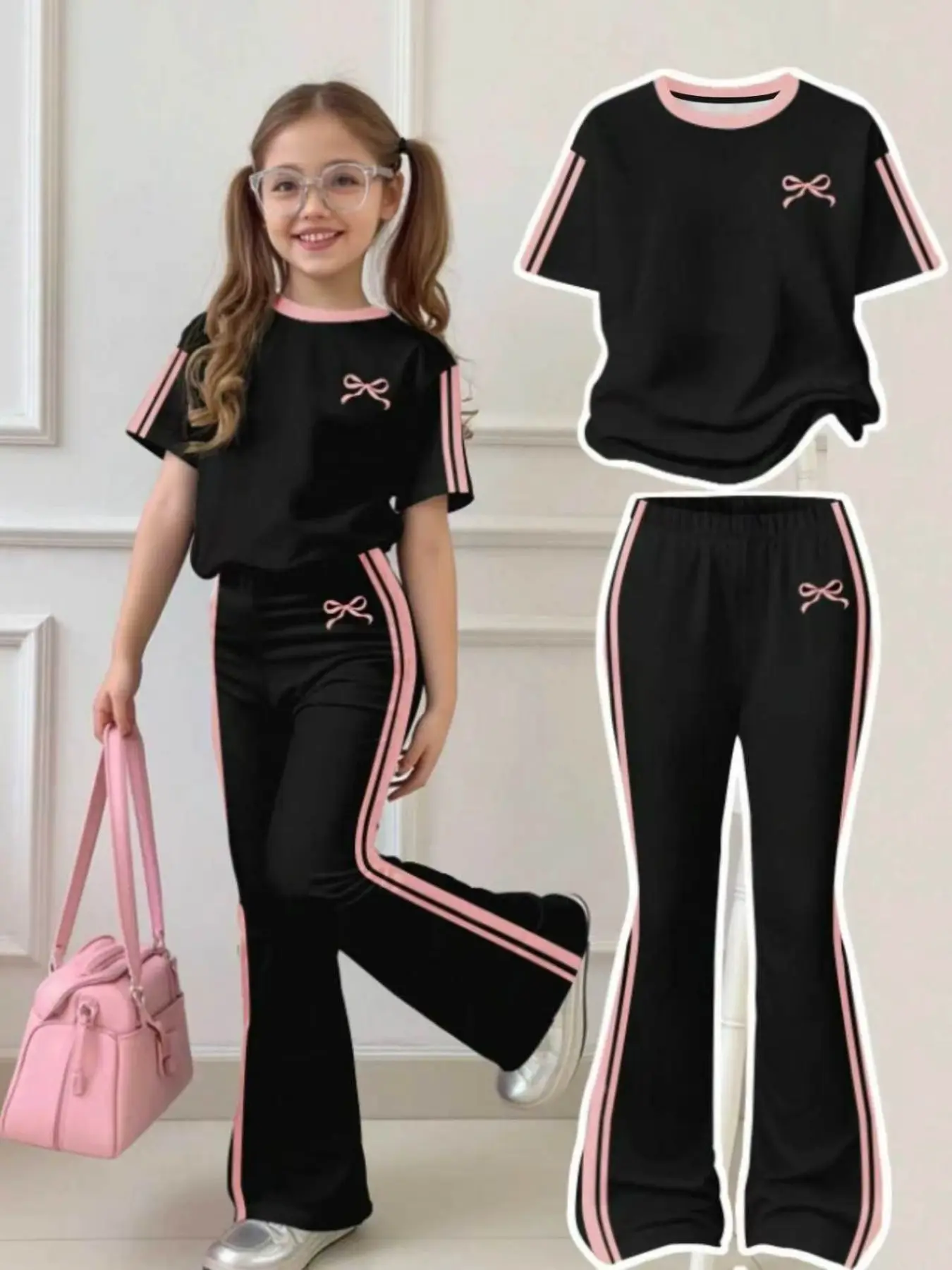 Women's Simple Pattern Printed Casual Comfort Fitted Short Sleeve T-Shirt and Bell Bottoms Set, All Seasons, Daily Wear, Outdoor Activities Outfit Pants, Clothes, Summer Outfit Set