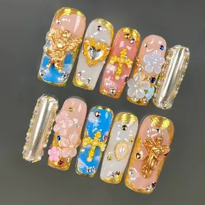 TK32 Baroque Angel Press on Nails | 100% 3D Handmade Acrylic | Long Square | Reusable& Long lasting Salon Quality | Elegant Daily & Daily Wear