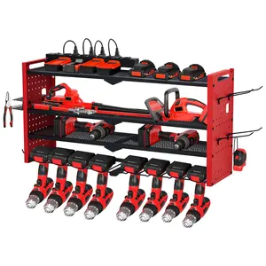 Wall Mount Power Tool Storage Shelf with Charging Station, Heavy Duty 3-Tier Garage Organizer Rack, 8 Outlets, 4 Drill Slots, Hooks for Drill Bits Batteries, Pegboard Style Workshop Storage