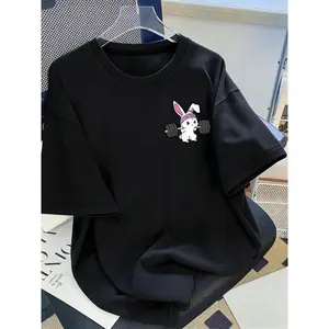 Gym Bunny Weightlifting Rabbit Graphic T-Shirt, Cute Workout Bunny Print Tee, Oversized Crew Neck Shirt, Fitness Casual Short Sleeve Top, Trendy Gym Aesthetic Cotton Tee for Fitness Enthusiasts, Bunny Lovers and Gym Rats