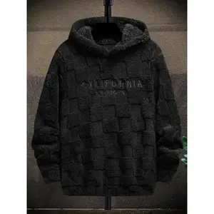 California Men's Letter Embroidery Textured Drop Shoulder Fuzzy Hoodie Regular Fit Casual Fashion Long Sleeve Pullover in Dark Gray Menswear Sweatshirts Tops Wetsuit