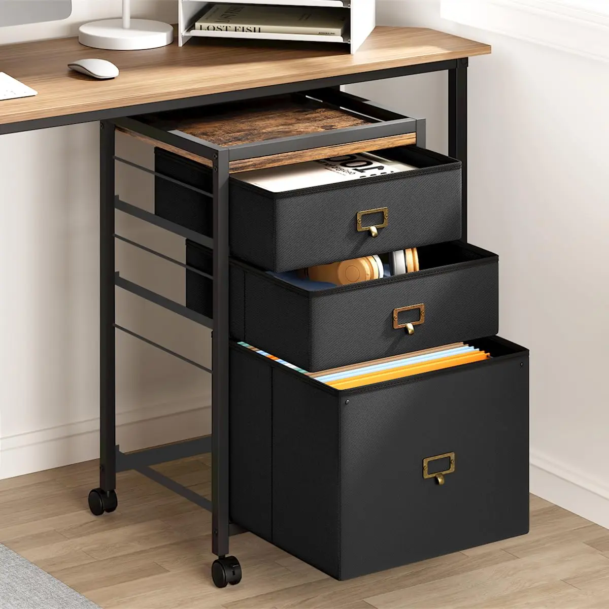 GARVEE Mobile 3-Drawer File Cabinet with Wheels, Metal Frame, MDF Top, Fits Letter/A4, Rustic Black, Home Office Storage
