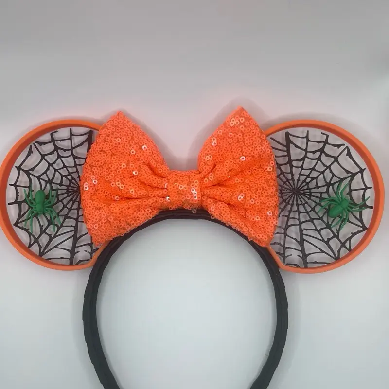 Halloween Ears with Orange Sequined Bow and Spider Web Design for Festive Fun