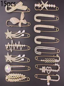 15-Piece Brooch Set, Fashionable Simulated Pearl Rhinestone Pins, Flower Brooch, Elegant Scarf Clips for Women, Sweater Accessories, Drop Set Pins