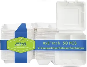 Urban Box Co. 8x8 Compostable 3-Compartment Takeout Containers, Eco-Friendly Biodegradable To Go Boxes, Heavy-Duty Sugarcane Bagasse