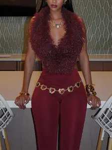 Women's Sexy Backless Deep V Neck Halter Top Set, Autumn Fashion Sleeveless Tie Shoulder, Casual & Party Wear