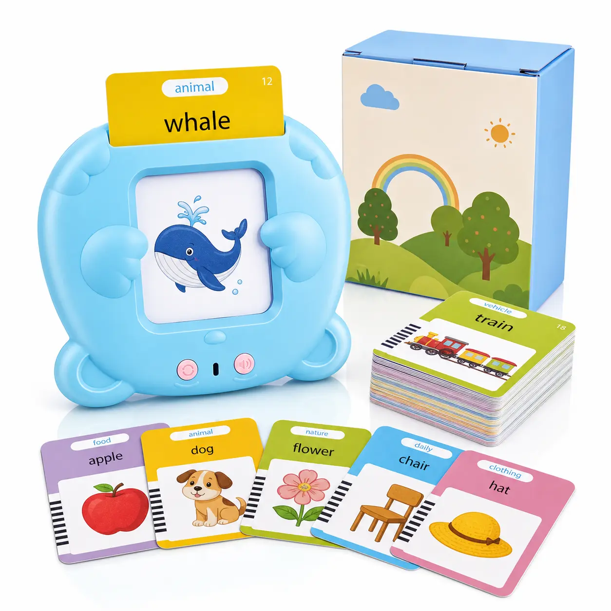 English Talking Flash Cards for Kids Ages 3-8, 224-Word Interactive Learning Toy with Audio Card Reader, Preschool Vocabulary, Sight Words and Early Language Learning Cards for Toddlers, Travel Activities and Educational Gifts