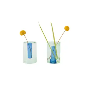 Block Design Small Reversible Glass Vase in Green & Blue