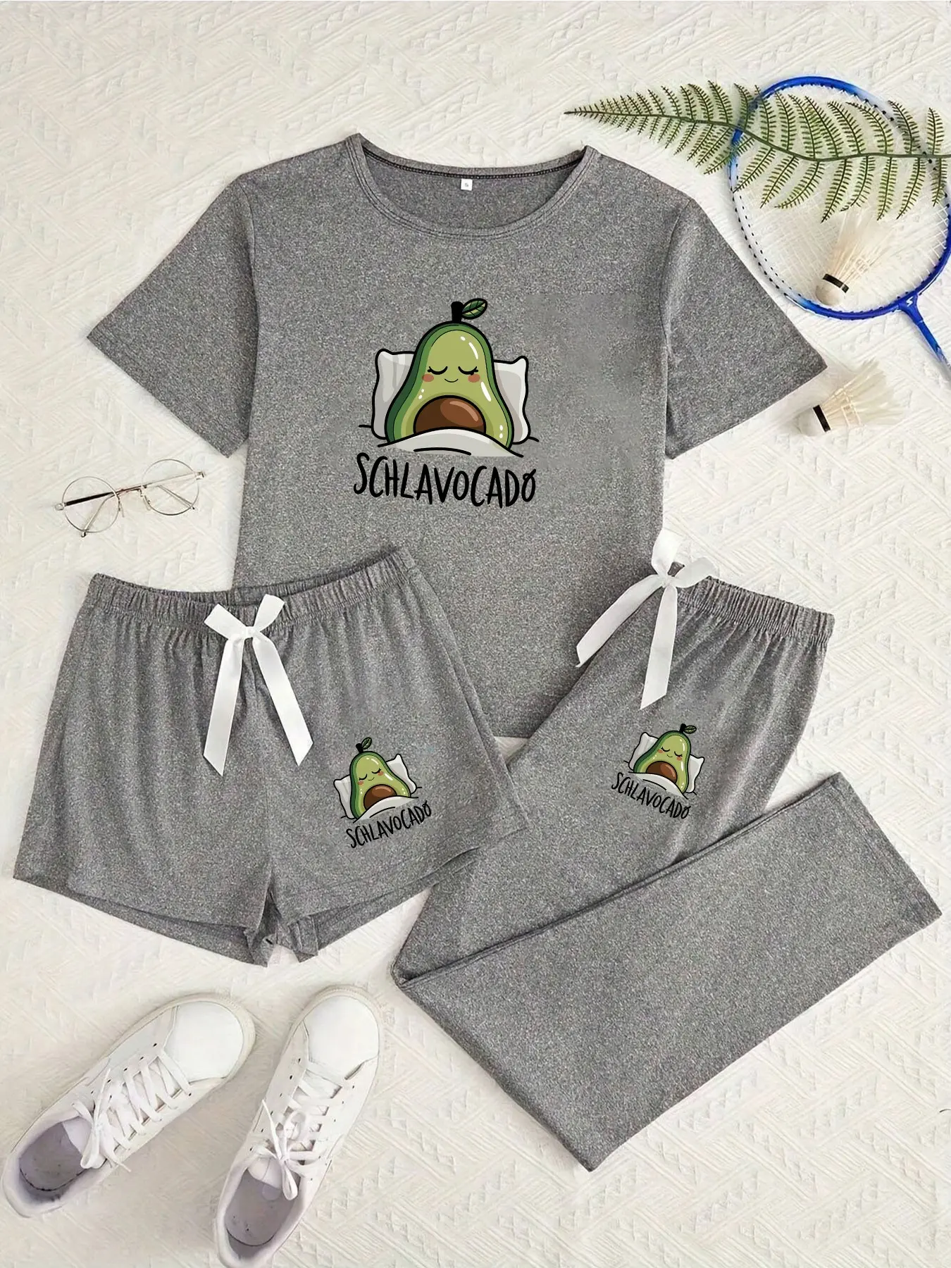 Three-Piece Pajama Set for Women, Cartoon Avocado Print, Casual Fitted Sleepwear, All Seasons Comfortable Nightwear