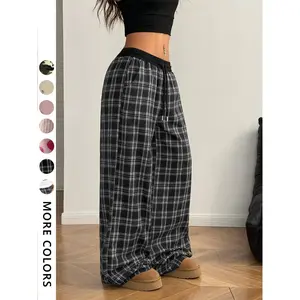 Women's casual loose checkered wide leg pants, casual streetwear pants, comfortable seasonal wear, fashionable pocket design, multifunctional university style home clothesRAIMENTRY