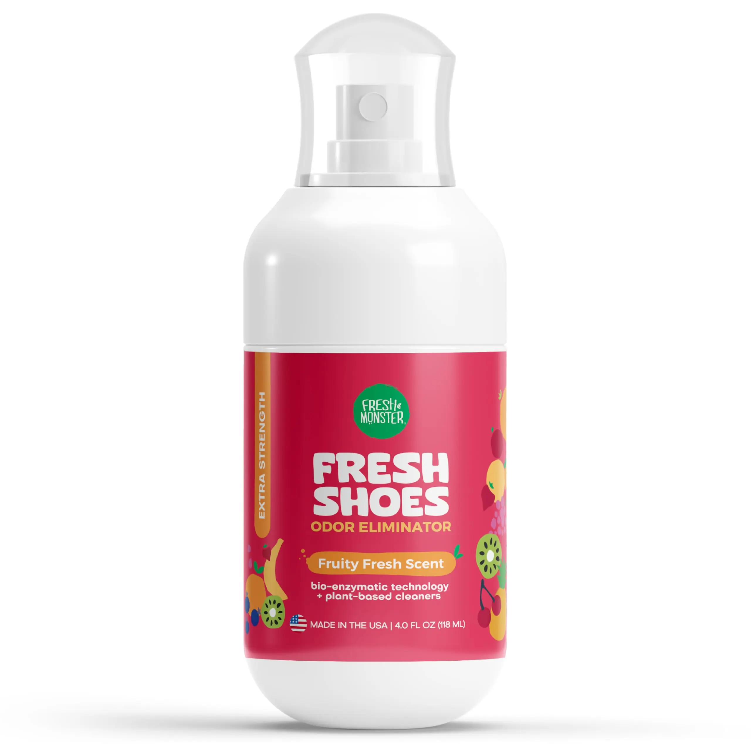 FRESH MONSTER Deodorizing Shoe Spray for Kids & Teens Natural Bio-Enzyme Formula Eliminates Odor Fast Non-Toxic Fruity Fresh Scent 4oz Sneaker & Sports Shoe Odor Remover
